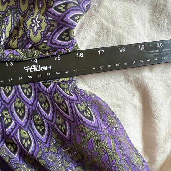 Apt 9 Paisley Babydoll Maxi Dress L V-Neck Retro Groovy Smocked Purple 60s 70s - Picture 7 of 8